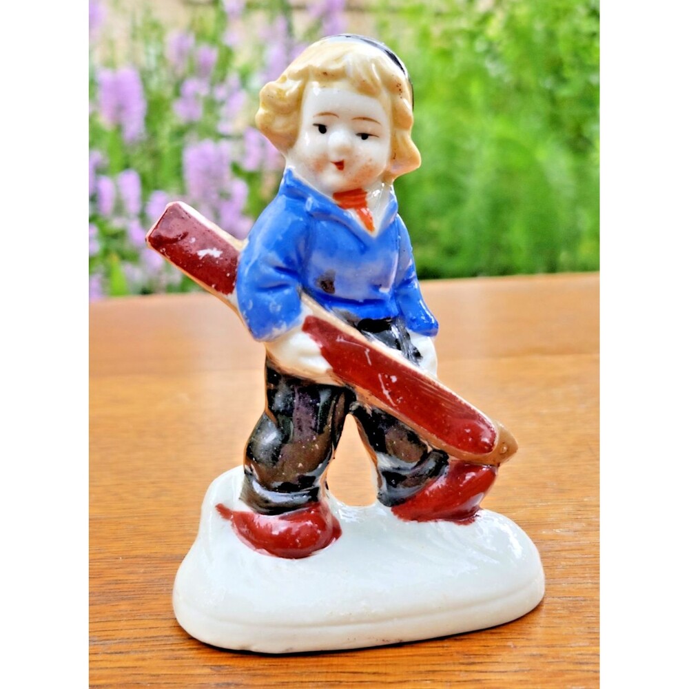 Vtg Made in Japan Porcelain Skier Boy Figurine Winter Skis Sports Lodge Decor 4”